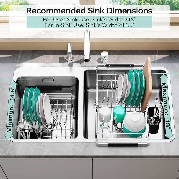 Urackify Expandable in-Sink or Over-Sink Dish Drying Rack, 14.5"-18", Black | 304 Stainless Steel, Fits Most Sinks, Rust-Resistant, Space-Saving, Removable Utensil Holder