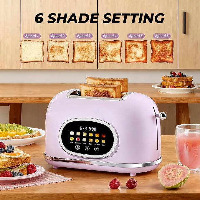 Roter Mond Smart 2 Slice Toaster, Touchscreen, Bagel Defrost, Light Purple | Retro stainless steel, digital timer & sleep mode, 6 bread types & shades, defrost/reheat/cancel,even toasting wide slots