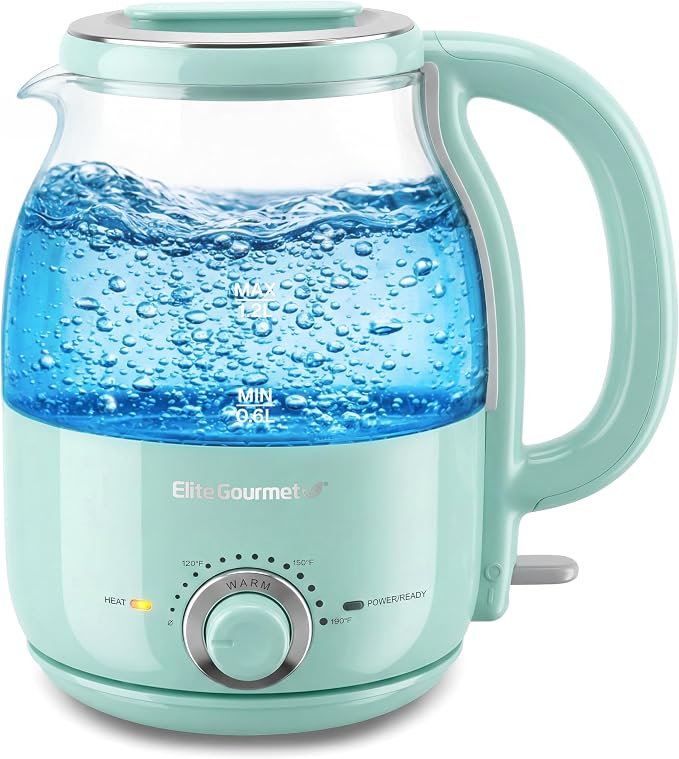 Elite Gourmet 1.2L Glass Kettle, 1200W Fast Boil, Temp Control, Mint | BPA-Free Borosilicate Glass, Keep Warm Function, Auto Shut-Off & Boil-Dry Protection, 360° Cordless Base