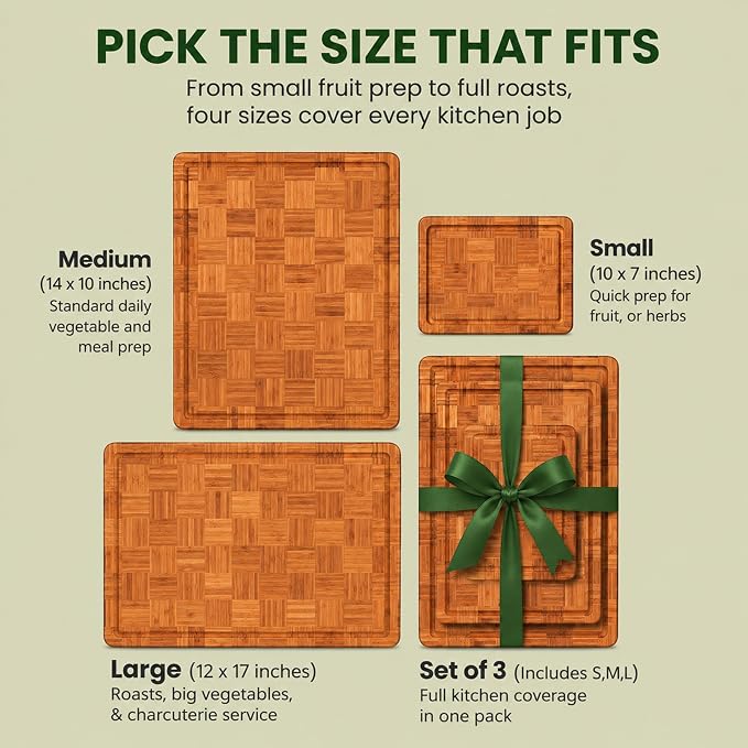 Wood Cutting Boards for Kitchen with Juice Groove, Eco-Friendly Wooden Bamboo Chopping board, Food-Safe, Non Plastic Tabla Para, Carbonized Butcher Block for Meat, Veggies Fruits, Medium
