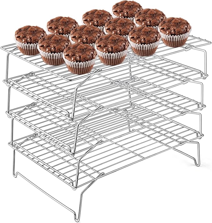 E-far 4-Tier Stainless Steel Cooling Rack, 15”x10.1" for Cooking and Baking | Stackable Wire Cooling Rack with Folding Leg, Non-toxic for Baking Cooking Cookies, Oven Safe & Dishwasher Safe