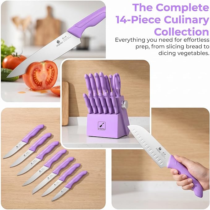 imarku 14-piece Japanese kitchen knife set, including knife block sharpener | High-carbon stainless steel, sharp, non-slip ergonomic handle, dishwasher safe, elegant gift packaging, lavender color