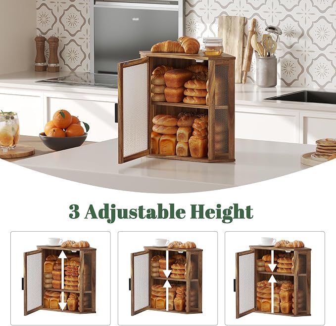 STDDRE Corner Bread Box for Kitchen Countertop 2-Tier Acacia Wood Kitchen Countertop Bread Storage Large Capacity Farmhouse Bread Box with Window Bread Holder Corner Food Organizer (Extra Large)