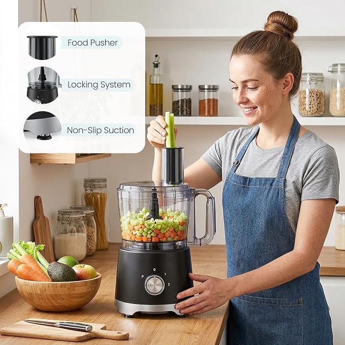 OLIXIS Food Processor 10.5 Cups, 600W Powerful Food processors with 5 Blades, Dishwasher Safe Meat Grinder for Slicing, Shredding, Chopping, Kneading, for Meat, Vegetables, Fruit, Dough