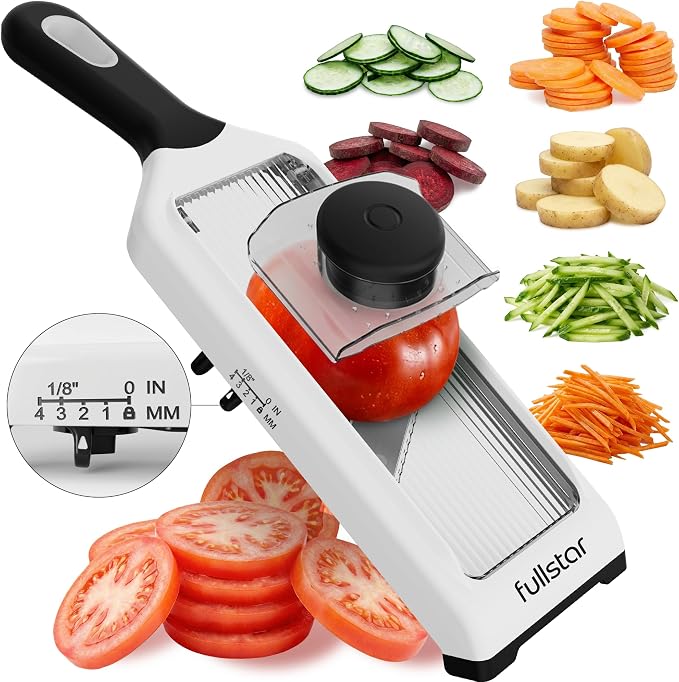 Fullstar - Handheld Mandoline Vegetable Slicer & Julienne Cutter | 2 in 1 Onion, Veggie & Fruit Slicer, 4 Thickness Settings with Stainless Steel Guard for Easy & Safer Slicing (White)