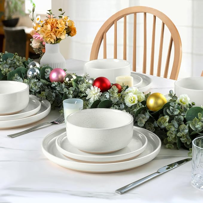 LIANYU Dinnerware Sets, 12 Piece Plates and Bowls Set for 4, Ceramic Dishware Dishes Set, Scratch Resistant Kitchen and Dining Stoneware Plates, Microwave & Dishwasher Safe, Snowy White