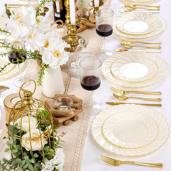 YOUBET 125PCS Ivory Scalloped Plastic Plates for Party Wedding | Cream Scalloped Disposable Plates - Gold Plastic Dinnerware Set Include 50 Plates, 75 Gold Silverware