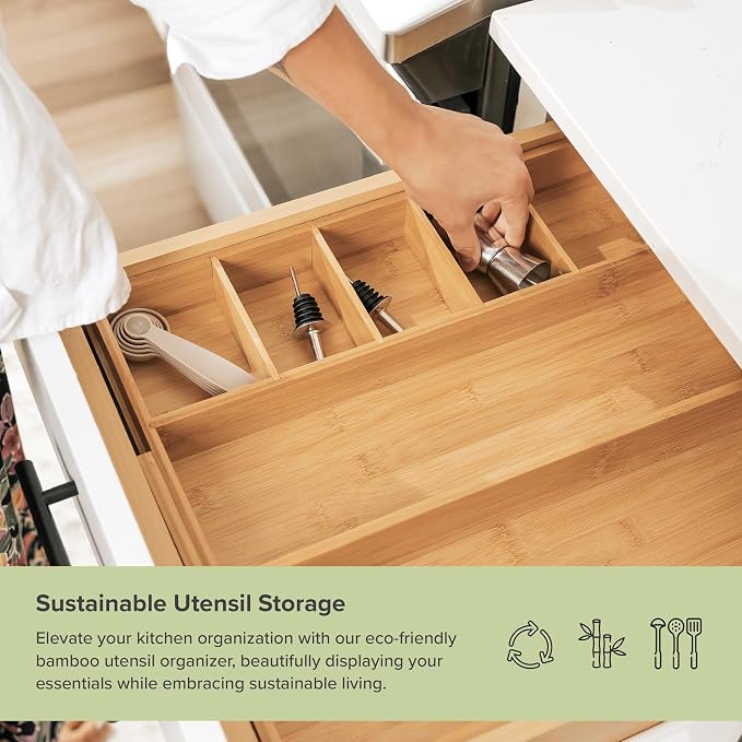 Utensil & Junk Drawer Organizer, 10.5-19 in, Bamboo | Food-safe contract grade, 100% sustainable wood, non-slip, adjustable