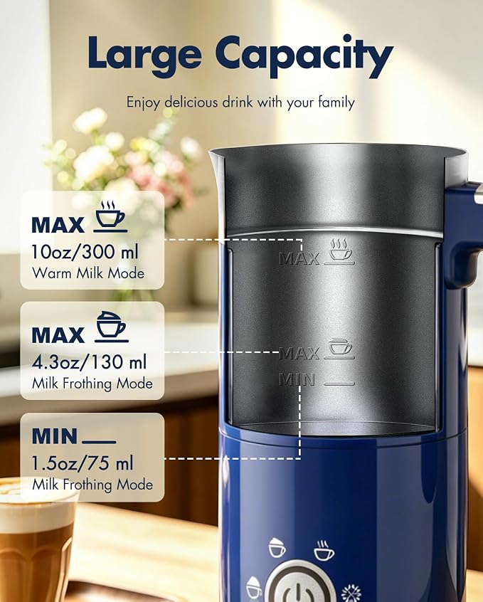 Milk Frother Electric 4 in 1: 10oz/350 mL Large Capacity Electric Milk Steamer for Hot and Cold Milk Froth - Automatic Milk Frother & Warmer for Latte, Cappuccinos, Macchiato, Hot Chocolate-Blue