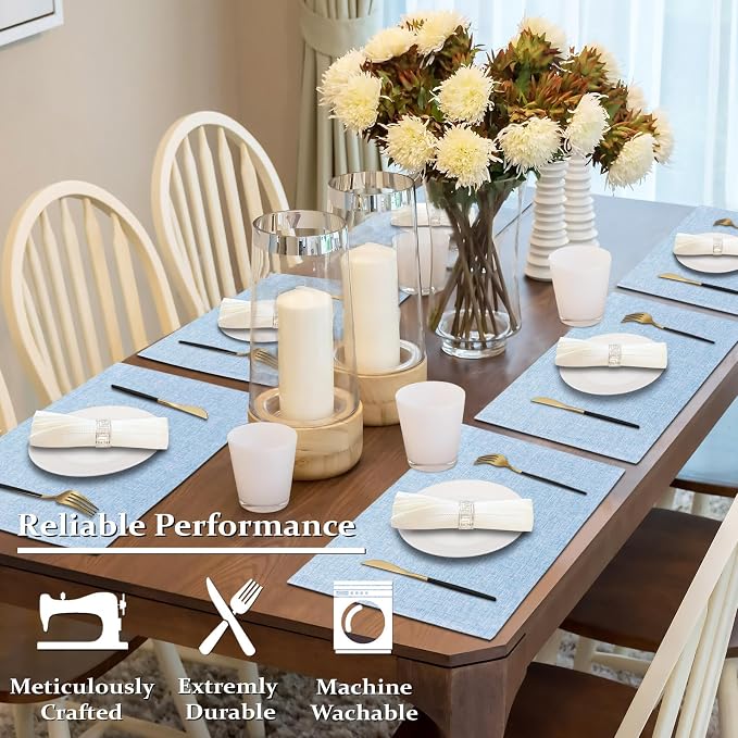 Cloth Placemats Set of 6, Cotton Linen Blend Place Mats, Light Blue | Machine Washable, Double Layered, Heat Resistant, Fabric Dining Table Mats for Kitchen, Indoor & Outdoor, 13" x 19"