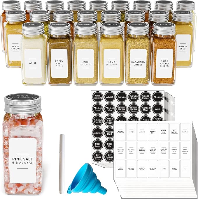 SpaceAid 24 Pcs Spice Jars with Labels, Empty 4oz Glass Spice Bottles, Minimalist Farmhouse Spice Labels Stickers with Funnel, Seasoning Containers for Spice Rack, Cabinet and Drawer