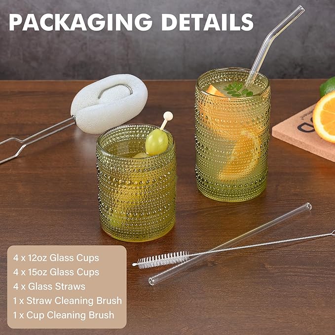 ZMOWIPDL 12oz & 15oz Hobnail Drinking Glasses,Green Glass Cups Set of 8 | Vintage Highball Glassware，Kitchen Drinkware，Embossed Water Tumbler,for Beer,Cocktail,Whiskey,Juice,Various Mixed Drinks