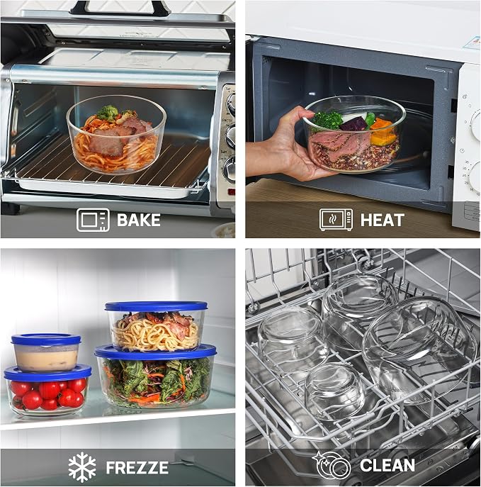 Vtopmart 4 Pack Glass Bowls with Lids (1, 2, 4, 7 Cup) | Food Storage Containers, Meal Prep and Leftovers Keeper, Lunch Container, Microwave, Dishwasher & Freezer Safe, BPA Free