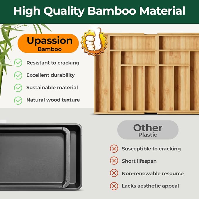 Large Silverware Organizer, 13 Slots Magnetic Connected Expandable Bamboo Utensil Drawer Organizer From 21 to 37.4 Inches, Adjustable Flatware and Cutlery Holder, Utensil Tray for Kitchen Natural