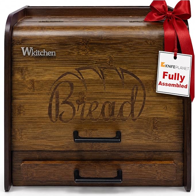 KNIFEPLANET Premium FULLY ASSEMBLED Rustic Bread Box – Extra Large Real Wood Bread Box for Kitchen Countertop Storage, Thick Durable Construction, Double Layer Design (17.5" x 10" x 12")
