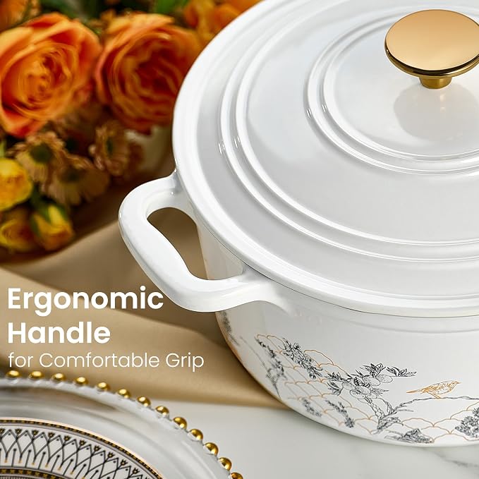 CAROTE Cast Iron Dutch Oven Pot with Lid, 5QT Enameled Floral Dutch Ovens with Gift Box, Cast Iron Pot for Sourdough Bread Baking, Braising, Stews, Roasting, All Stovetop Compatible, Oven Safe, White