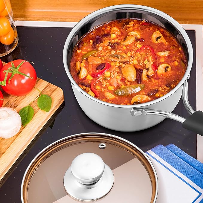 Herogo 1 Quart & 2 Quart Saucepan Set with Lid, 18/10 Stainless Steel Sauce Pan Pot, 2Qt 1Qt Saucepan for Home Kitchen Restaurant, Dishwasher Safe