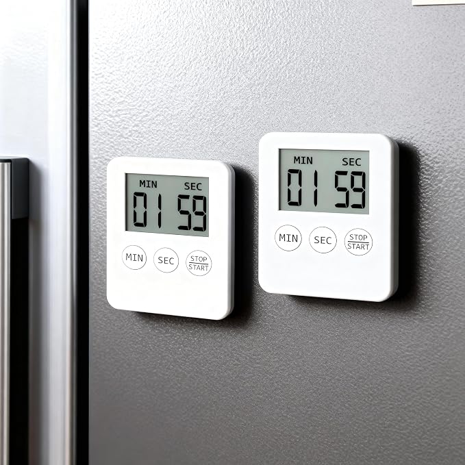Attom Tech 2 Pack Slim Digital Kitchen Timer Magnetic Countdown for Cooking | Large Display With Loud Alarm, Count Up Stopwatch For Egg Timer Baking Classroom Gym, 99 Min, Easy To Use, White