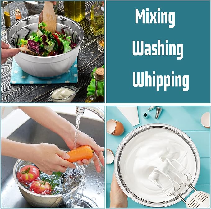 P&P CHEF Stainless Steel Mixing Bowls With Lids, Set of 6, Blue | Salad Nesting Mixing Bowls & Fitting Lids & Non-Slip Silicone Bottom, Ideal for Mixing, Storing, Size 0.7/1/1.5/2.5/3/4.6 Qt