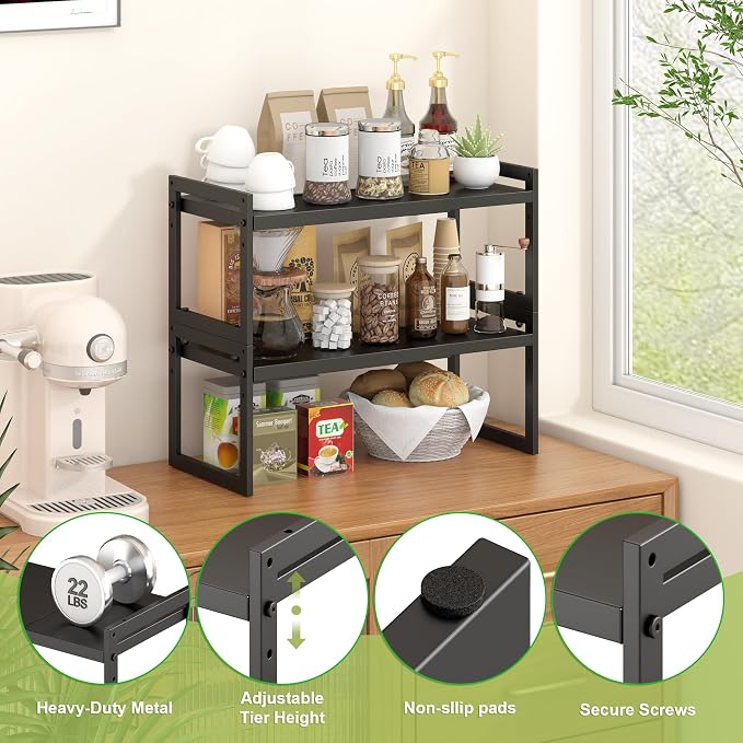 DOLALIKE Expandable Kitchen Countertop Organizer, Stackable Cabinet Shelf Organizers, Space Saving Spice Rack Pantry Storage for Bathroom Office Organization (Black, 2 Pack) | Space Saving Metal Pantry Storage Racks for Kitchen Spice Rack Pans and Unte...