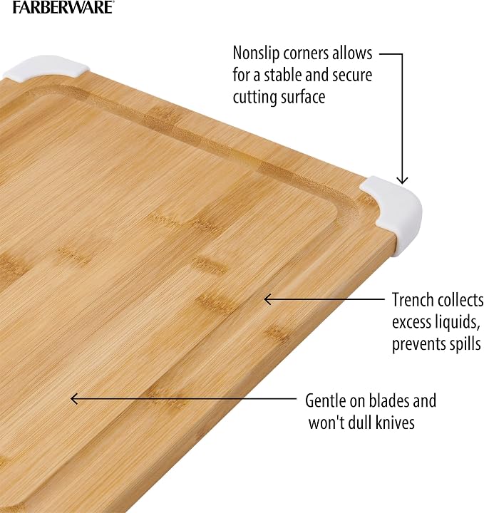 Farberware Nonslip Bamboo Cutting Board with Juice Groove, 11x14 Inch, White