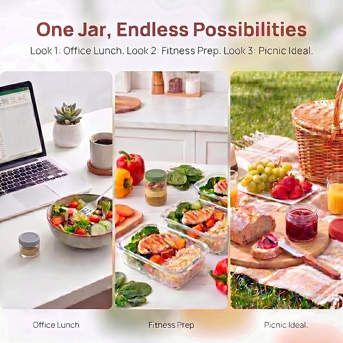 2 oz Glass Dressing Containers With Lids, Sauce Jars for Lunch, 6pk | Airtight ,BPA Free,Perfect for salad dressing sauce dip condiment to go lunch box Accessories , Dishwansher safe