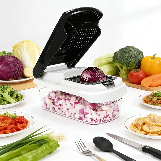 Stainless Steel Mandoline Slicer, Safe Veggie Dicer Kitchen Prep Tool | Multi stainless steel blades with safety guard, detachable structure for quick fruit and vegetable cleaning
