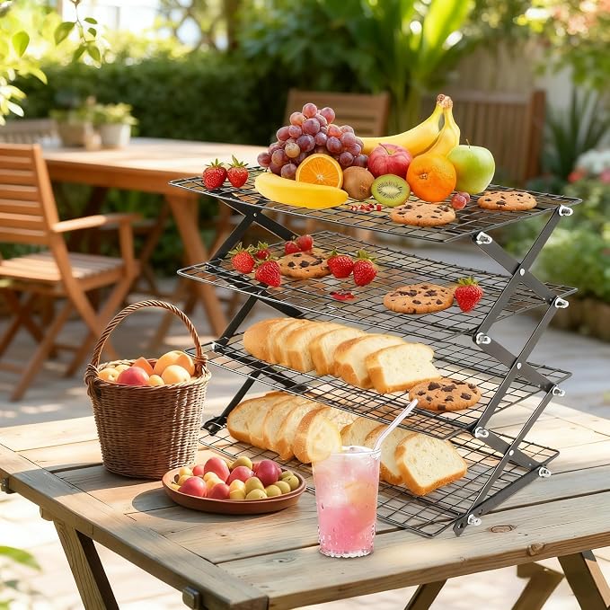 3-Tier Collapsible Cooling Rack with Adjustable 3 Setting, Wire Cooling Roasting Cooking Baking Drying Rack for Cookies Bread Turkey, Candy, Fruit, Snacks