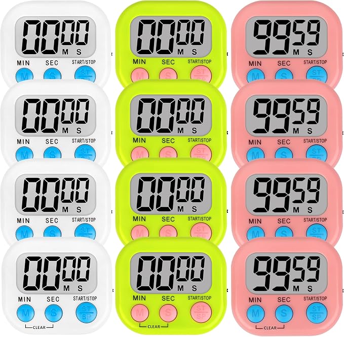 ZILLEEN Digital Kitchen Classroom Timers for Kids Cooking 12pcs Wht Grn Pk | Strong Magnetic, Large Screen, Big Button, Count Up/Down, Loud Alarm, Teacher Classroom Must Haves Supplies