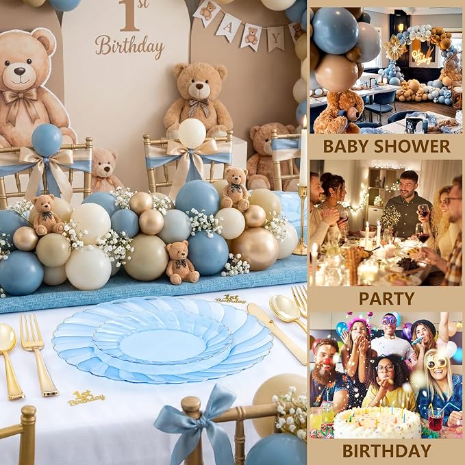 YOUBET 125PCS Clear Blue Gold Plastic Plates - Blue Disposable Plates With Gold Rim Include 25 Dinner Plates 25 Dessert Plates 75 Golden Silverwares for Wedding Birthday & Parties | Clear Blue Disposable Plates With Gold Rim Include 25 Dinner Plates 25...