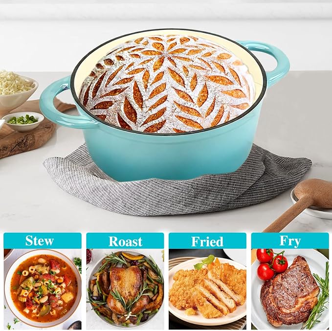 Cast Iron Dutch Oven, 3 QT Round Dutch Oven Pot with Self Basting Lid for Home Baking, Braiser, Cooking, Great Christmas Gifts for Family,Teal