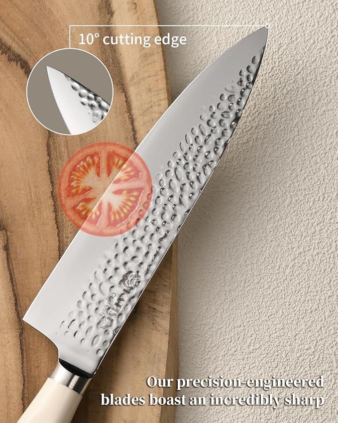 14-Piece Cream German Steel Kitchen Knife Block Set | Hammered Non-Stick Blades with 10° Precision Edge. Features Triple-Riveted Full Tang Handles, Shears & Natural Wood