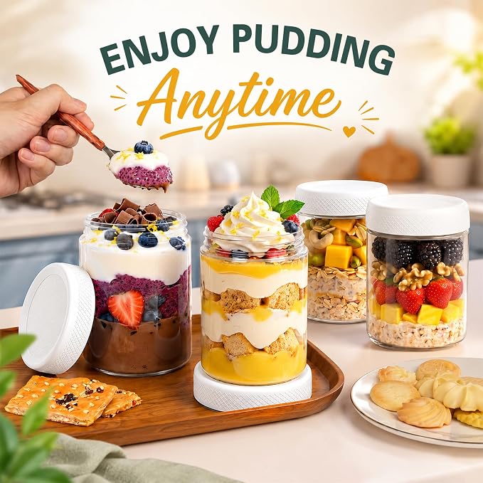 Yogurt Containers with Lid, Overnight Oats Container, Parfait Cups with Lid | Wide Mouth Mason Jars 16oz, Glass Jar with Airtight Lid for Yogurt, Chia, Sugar, Snack, Oats, Food Storage, Parfait, Candy