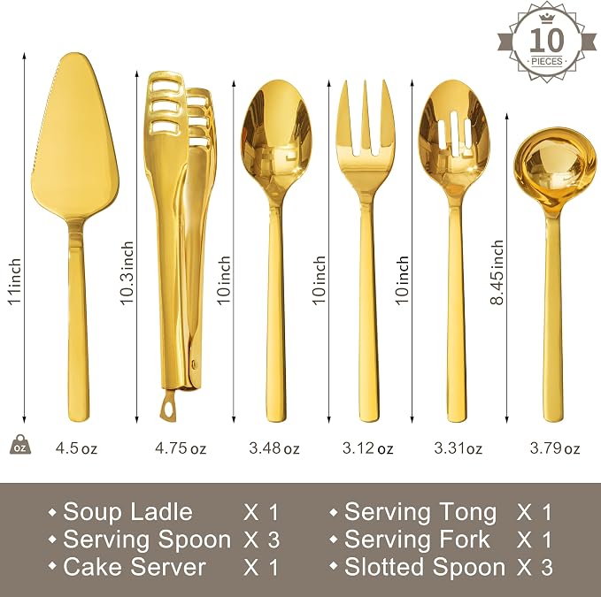 18/10 Large Hostess Gold Serving Utensils,Stainless Steel Serving | Heavy Duty Serving Set, 10 inch Serving Spoons, Slotted Spoons, Forks, Tongs, Cake Pie Server for Buffet, Wedding, Parties