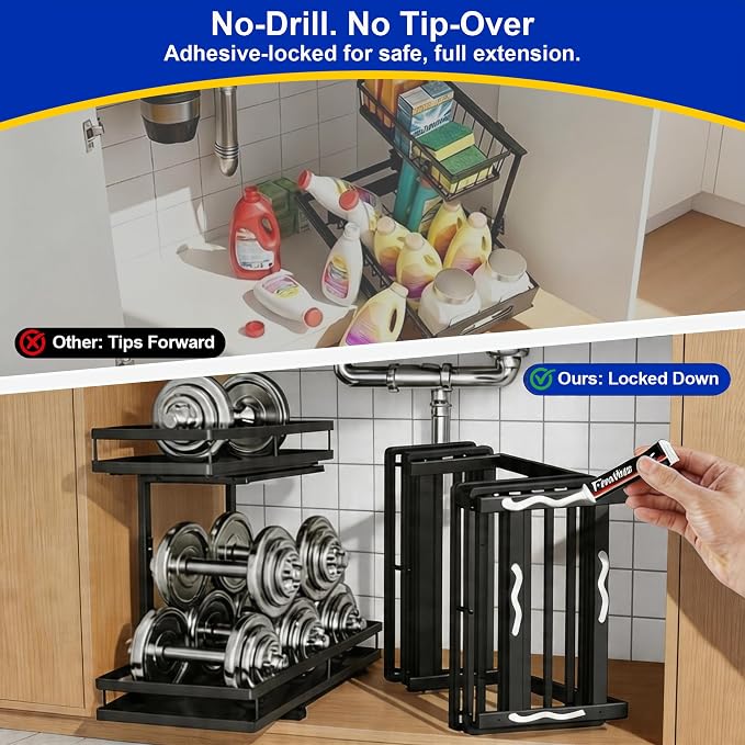 2-Tier Metal L-Shaped Pull-Out Under Sink Organizer, Black, 2 Pack | 2 complete sets; ball-bearing slides; 6-level height; no-drill setup