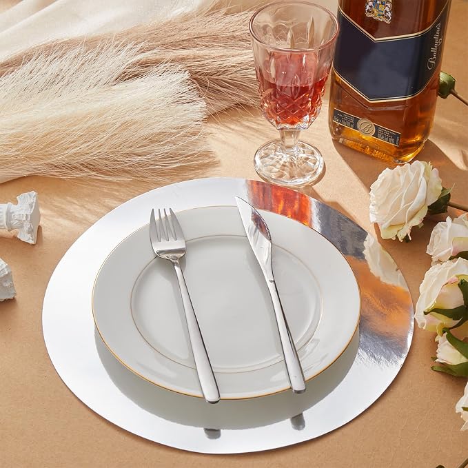 Tioncy 50 Pcs Silver Round Paper Placemats Disposable Table Mats | Elegant Table Mats for Wedding Birthday Banquet, Decorative Paper Design, Festive Dining Decoration, Easy Cleanup Tabletop