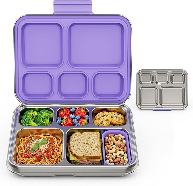 Pawtong Stainless Steel Lunch Box, 5-Compartment Bento Lunch Box for Kids & Adults,Metal Lunch Box with Removable Silicone Container, Lunch Box Containers for School,Office(Purple)