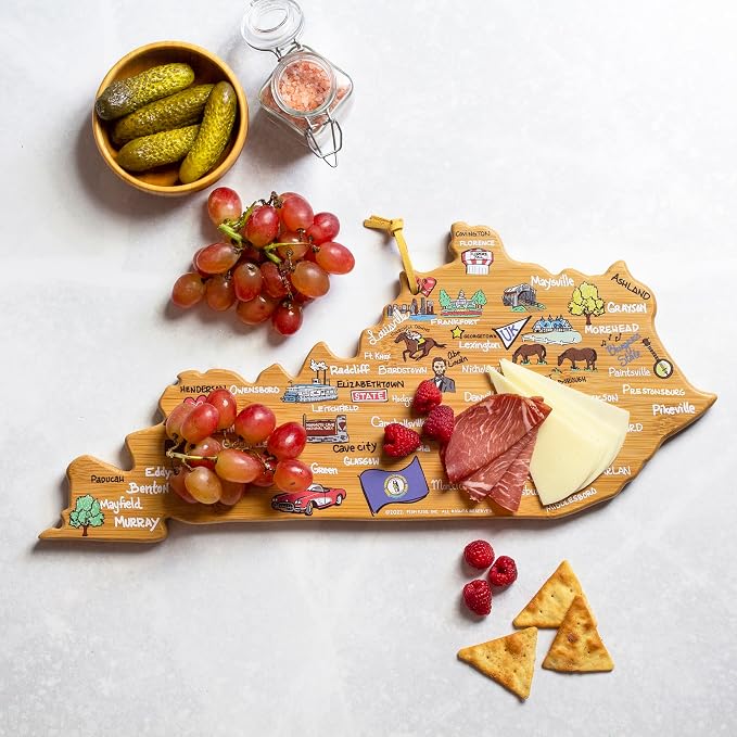Totally Bamboo Kentucky State Shaped Cutting Board, Art by Fish Kiss | State charcuterie board with colorful hand-drawn map artwork. Smooth reverse side for food prep. Hang tie for wall display.