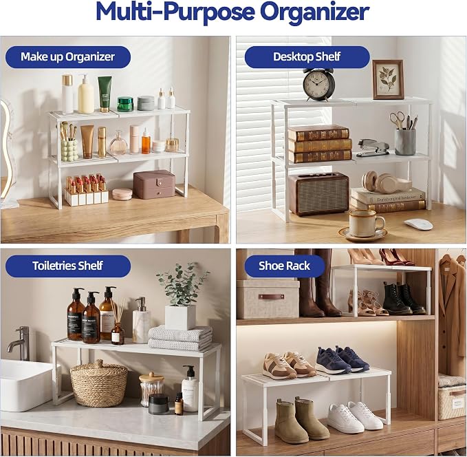 Expandable Cabinet Shelf Organizer, Stackable Countertop Shelves, White | 15.8''- 25.5'' In Cabinet Shelf, Adjustable Kitchen Cabinet Organizer for Pantry Organizer, CupBoard Organizers and Storage