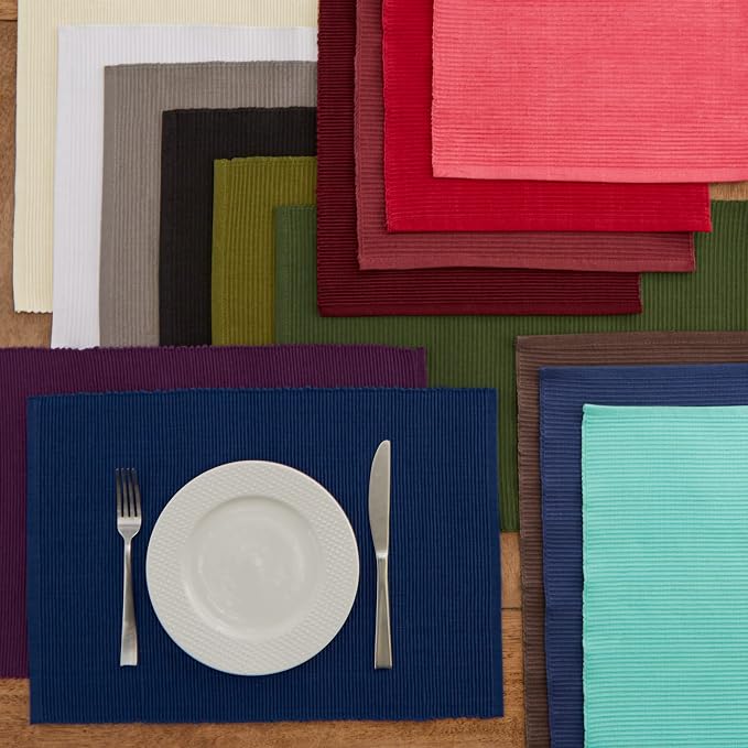 DII Basic Everyday Ribbed Tabletop 100% Cotton, Placemat Set, 13x19, Black, 6 Piece