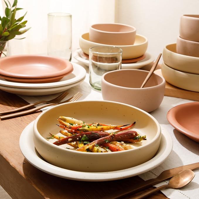 Corsica Clay Dinnerware Set - Stackable Colorful Boho Reactive Glaze Plates and Bowls Set -2 Time Oprah's Favorite Things Brand- 16 Piece (Service for 4)- Matte Assorted Pottery Colors
