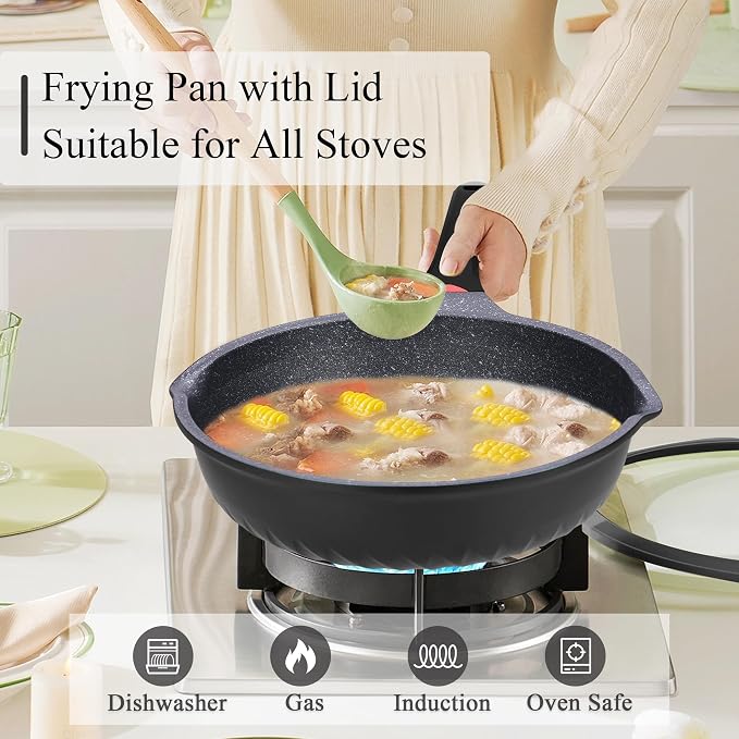 Vinchef 11 Inch/5QT Durable Deep Nonstick Skillet with Lid, Black | deep frying pan,heat indicator.Anti-scratch, anti-stain, induction-compatible, easy clean, ideal for sautéing & frying.