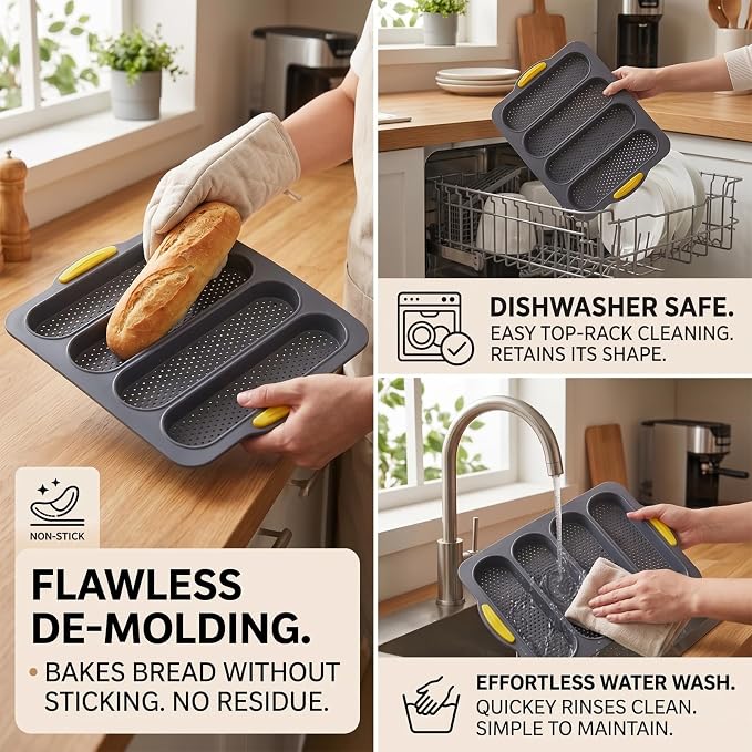 Silicone Bread Loaf Pan, Nonstick Baguette Bread Pan, 4-cavity | Food Grade Silicone Molds for Baking Hot Dog Buns Hoagie Rolls Sandwich, Sourdough Loaf Pan, Bread Pans for Homemade Bread