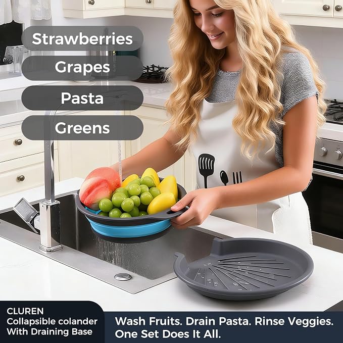 Collapsible Colander Set with Oversized Draining Tray | 3-Pack Foldable Kitchen Strainers + Base | Space Saving for Pasta, Veggies, Fruit & Rice | 5 Colors (Gray-Blue-Red-Green)