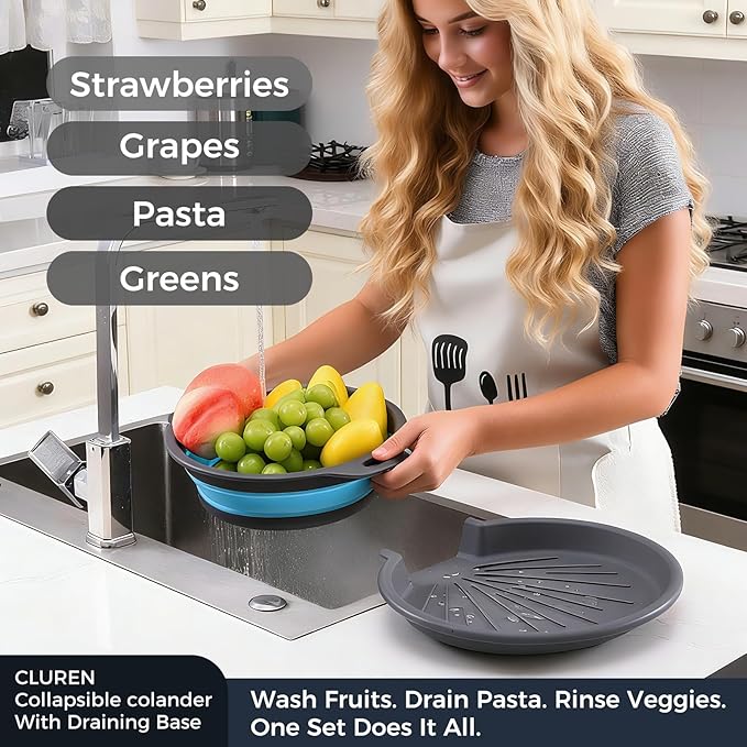 Collapsible Colander Set with Oversized Draining Tray | 3-Pack Foldable Kitchen Strainers + Base | Space Saving for Pasta, Veggies, Fruit & Rice | 5 Colors (Gray-Blue)