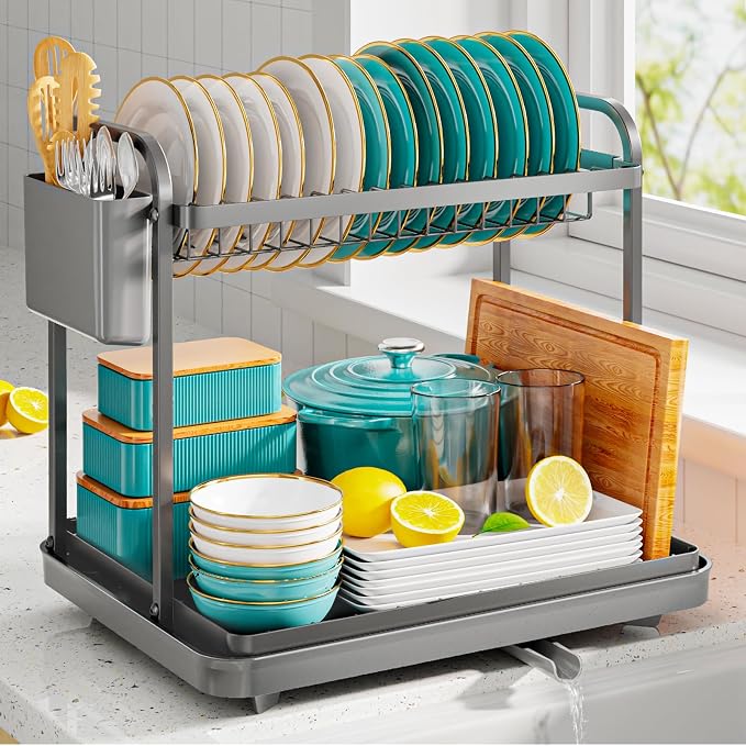 Sakugi Dish Drying Rack 2-Tier 15" x11.4" x15" Gray Double Rod | Kitchen, Sink Counter, Stainless Steel, Counter Top, Utensil Holders, Cutlery Holder, for Small Family, Easy to Clean