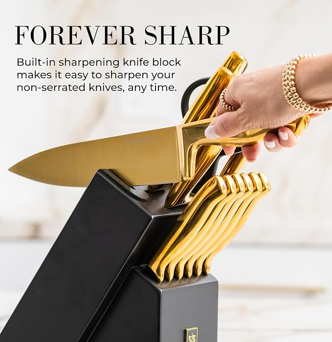 Styled Settings Gold Knife Set with Block and Built-In Sharpener, 14-Piece | Full Tang Titanium-Coated Stainless Steel Gold Kitchen Knife Set with Self-Sharpening Block, Gold Kitchen Accessories
