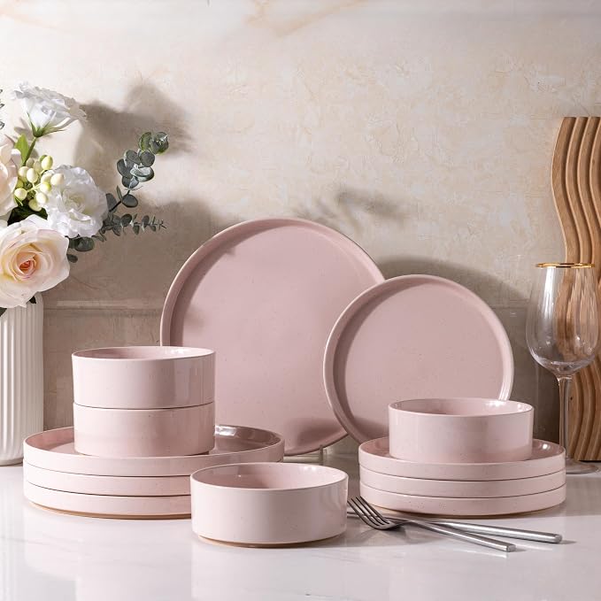 AmorArc Stoneware Dinnerware Sets for 4,12Pcs Plates and Bowls Set | Handmade Ceramic Dish Set,Dishwasher & Microwave Safe,Scratch Resistant-Pink