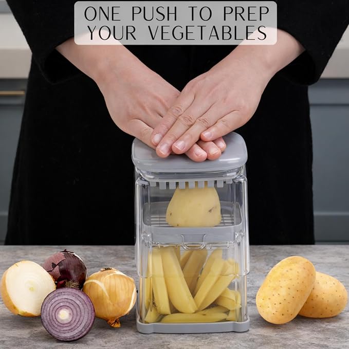 Brieftons PerfectCut Vegetable Chopper: Manual Push-Down Food Dicer & Chop Box, 4 Blades, French Fry Cutter, Potato Wedge & Veggie Cutter, No Electricity, 3.5-Cup Catch Container, 5 Recipe eBooks