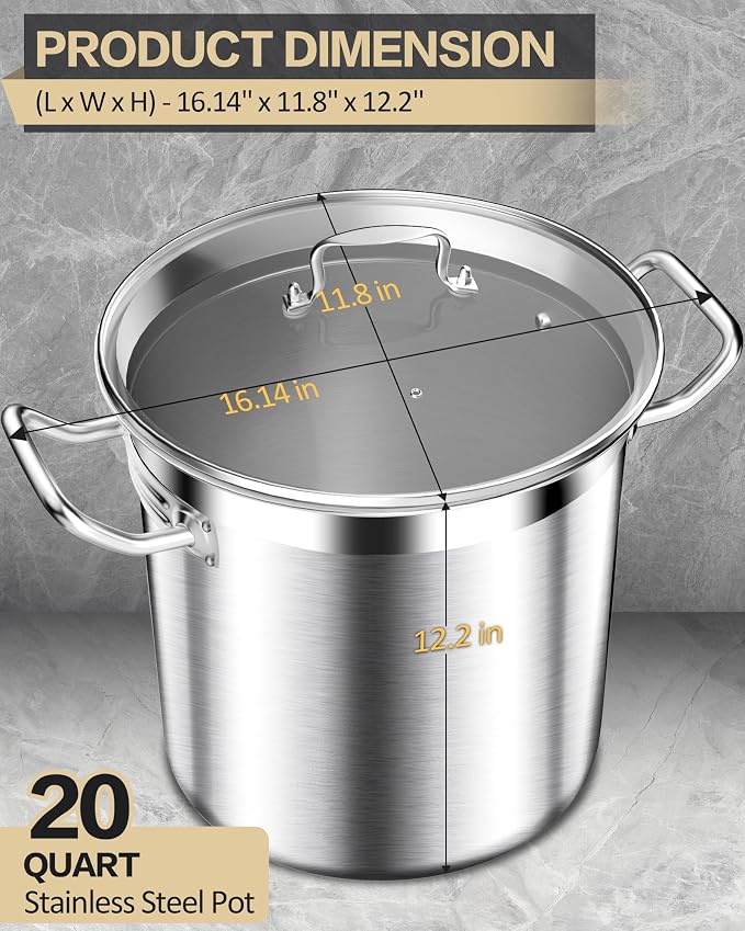 STOCKPOT Stock Pot 20 Quart - Commercial Grade Soup Pot With Lid - Nickel Free Stainless Steel - Polished Stockpots - Heavy Duty Induction Pots